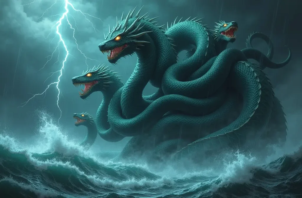 Ocean storm Hydra with seven glowing heads – Hydra Names inspiration.