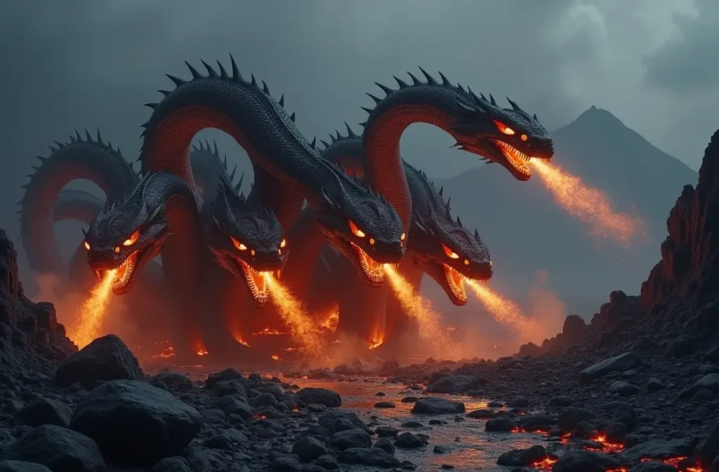 Fiery volcanic Hydra with lava scales – epic Hydra Names visual.
