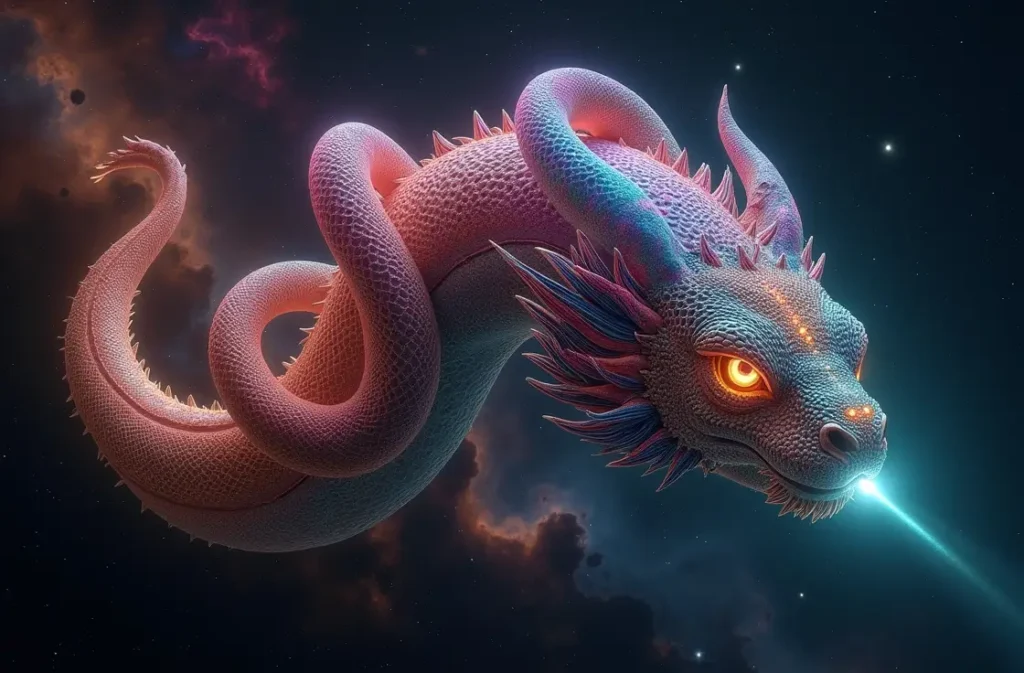 Cosmic space Hydra with glowing rainbow heads – stellar Hydra Names concept.