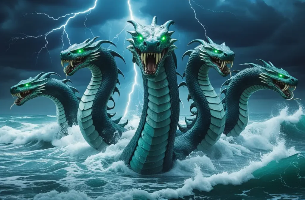 Ocean Hydra rising from stormy waves – mythic Hydra Names beast.