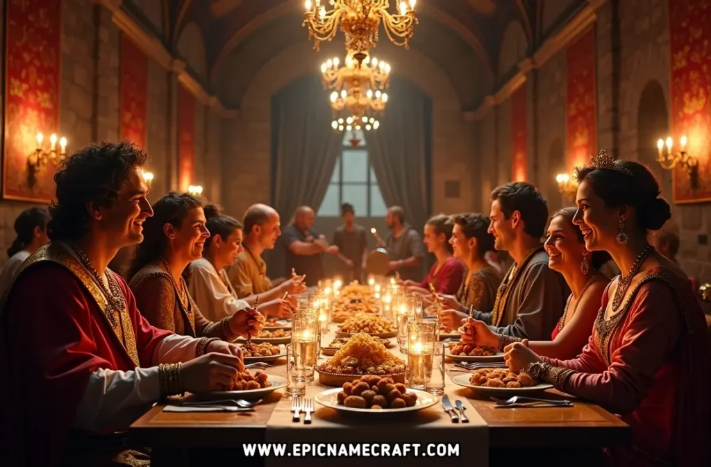 A royal feast in a grand castle showcases nobles and royalty embodying the elegance of Medieval Names.