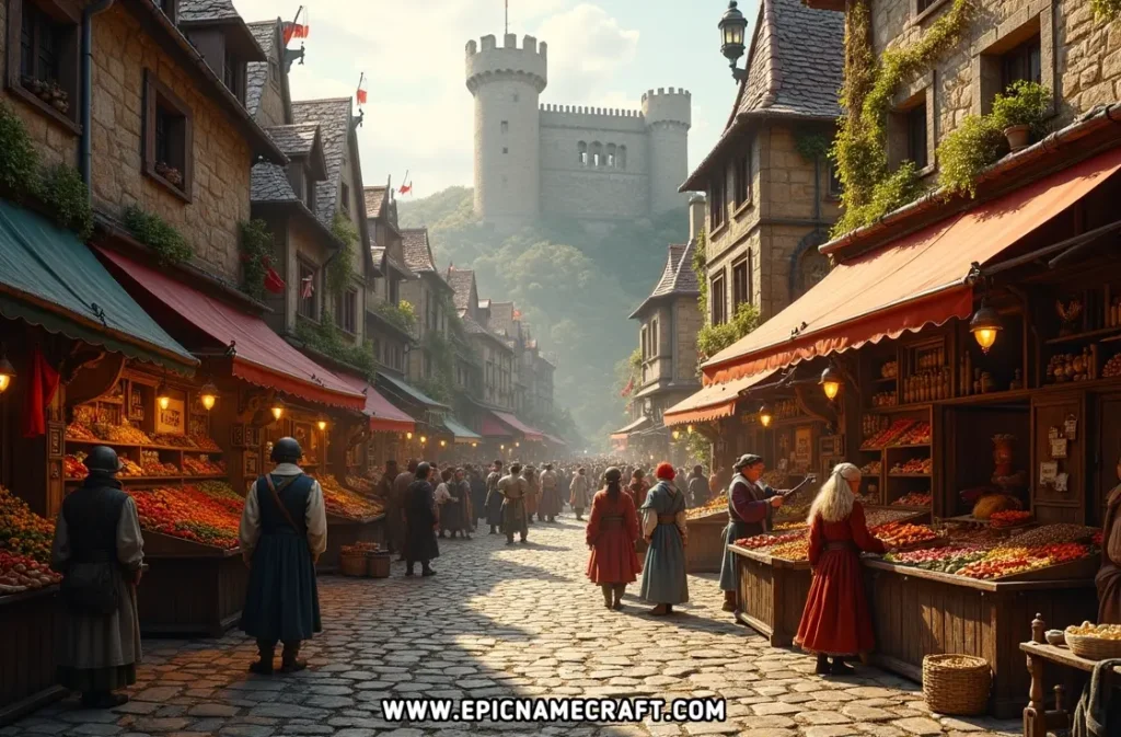 A vibrant town square teeming with life reflects the charm and spirit behind classic Medieval Names.