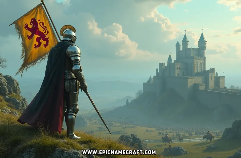 A proud knight atop a hill holding a banner evokes the valor and legacy of heroic Medieval Names.
