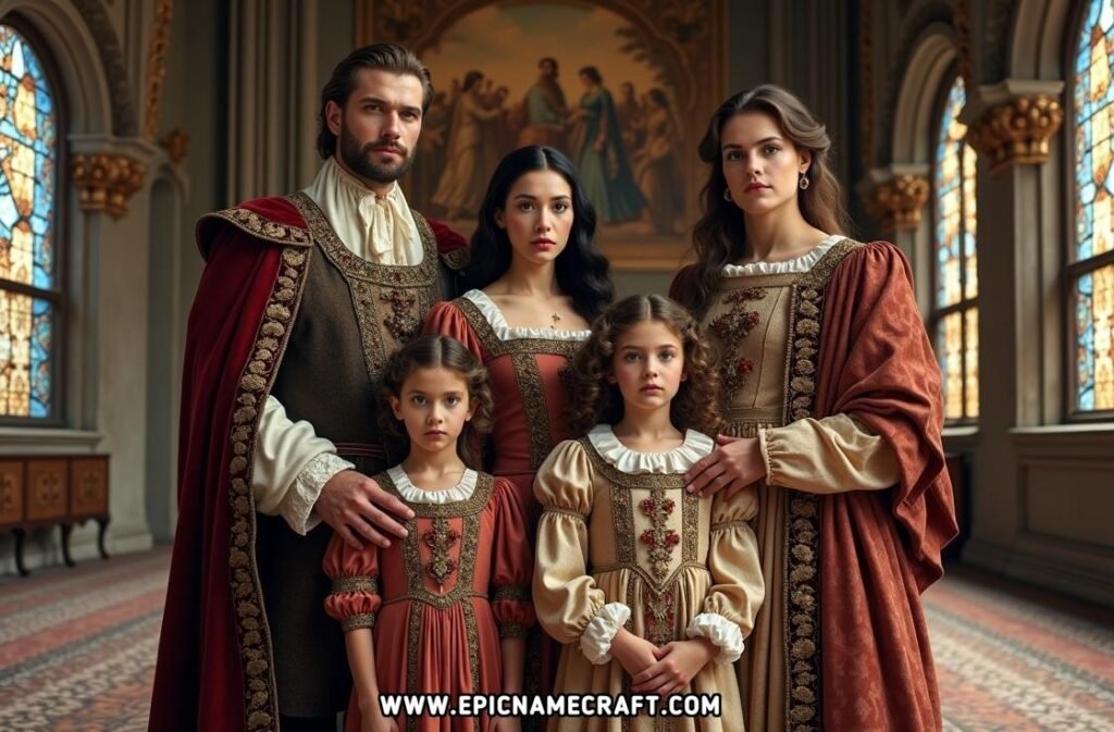 A noble family in regal attire captures the prestige and lineage of distinguished Medieval Names.